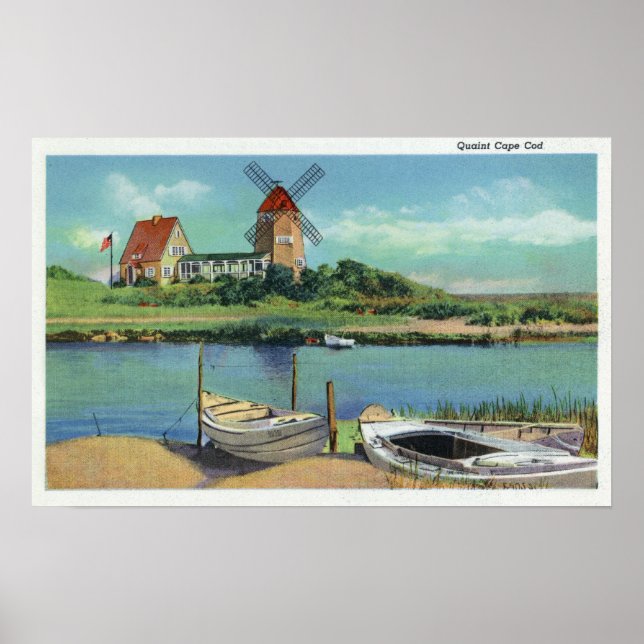 Quaint Cape Cod, View of Windmill and Boats Poster (Front)