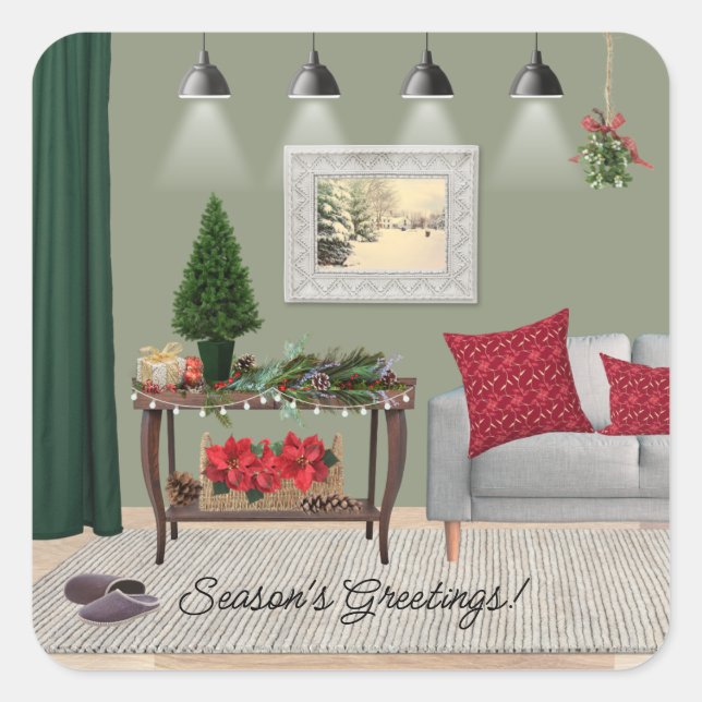 Quaint Christmas Scene Square Sticker (Front)