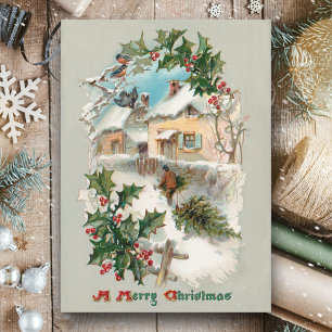 Quaint Nostalgic Vintage Rustic Winter Scene Holiday Card