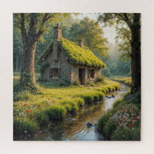 Quaint Old Cottage By a Stream Jigsaw Puzzle