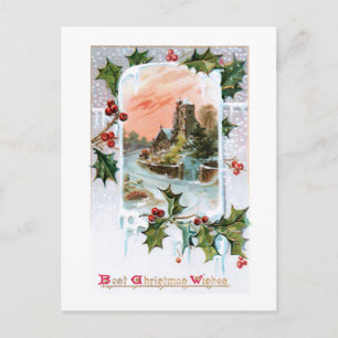 Quaint Rustic Vintage Winter Landscape with Holly Postcard