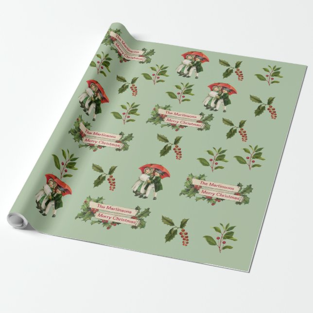 Quaint Vintage Children and Holly Personalised Wrapping Paper (Unrolled)