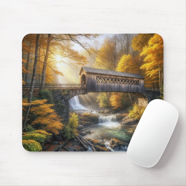 Quaint Wooden Covered Bridge Mouse Mat (With Mouse)