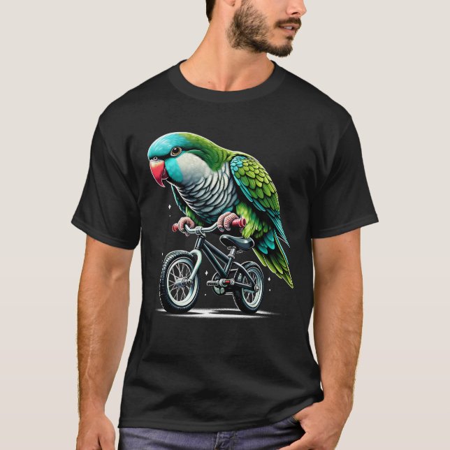 Quaker Parrot Bird Riding Bike Biker Bicycle T-Shirt (Front)