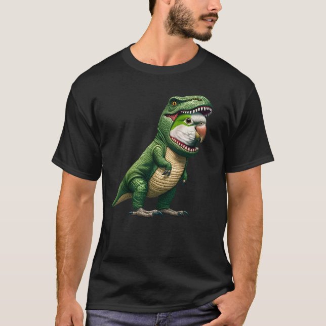 Quaker Parrot Wearing Dinosaur Outfit Funny Bird T-Shirt (Front)
