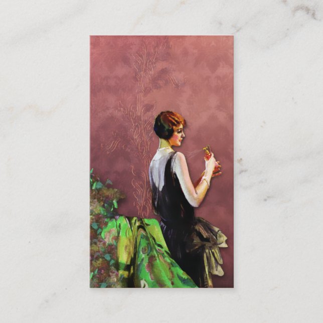 Qualida, 1920s Fashion in Green and Rose Business Card (Front)