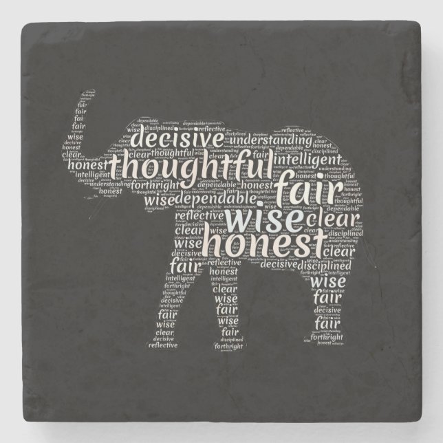 Qualities of an Elephant Word Cloud Stone Coaster (Front)