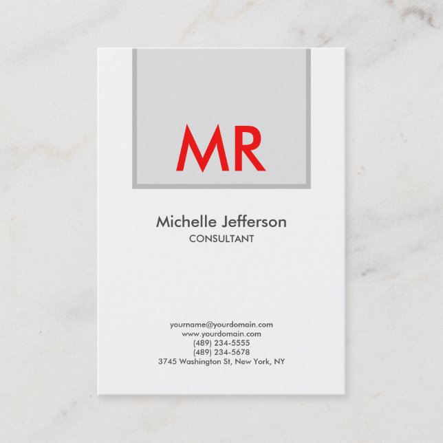 Quality Grey Red White Elegant Unique Monogram Business Card (Front)