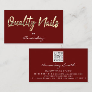 Quality Nails QR Code Logo Burgundy Red Gold  Business Card