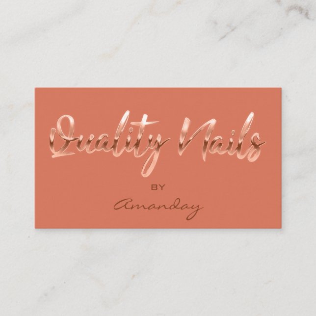 Quality Nails Script QR Code Logo Copper Orange Business Card (Front)
