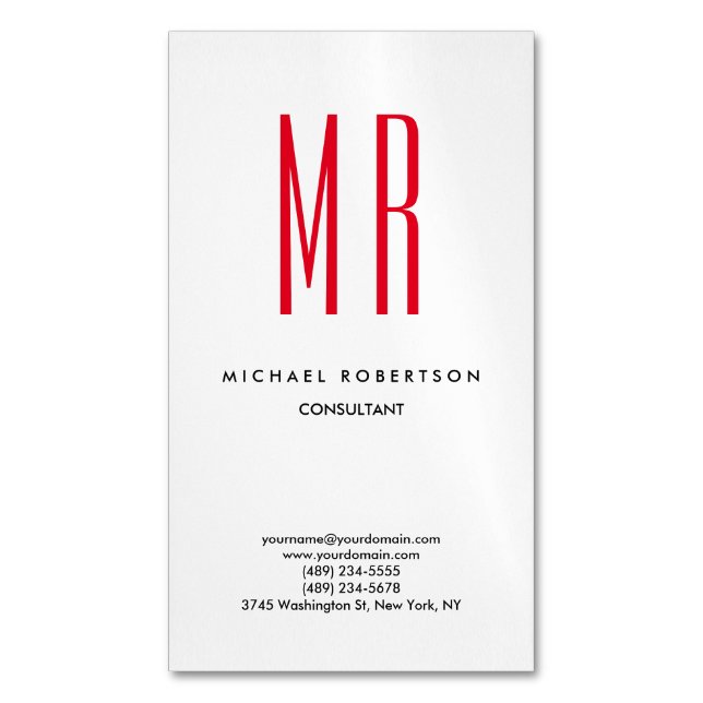 Quality Red White Monogram Elegant Unique Magnetic Business Card (Front Vertical)