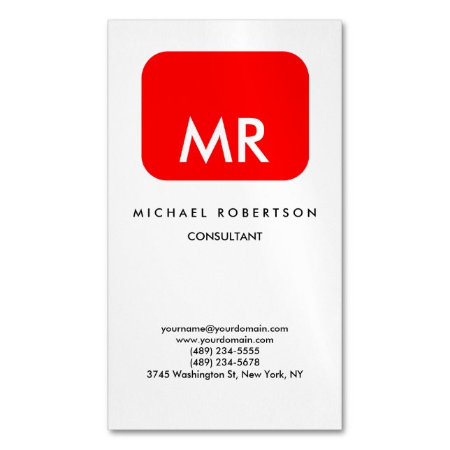 Quality Red White Monogram Elegant Unique Magnetic Business Card (Front Vertical)