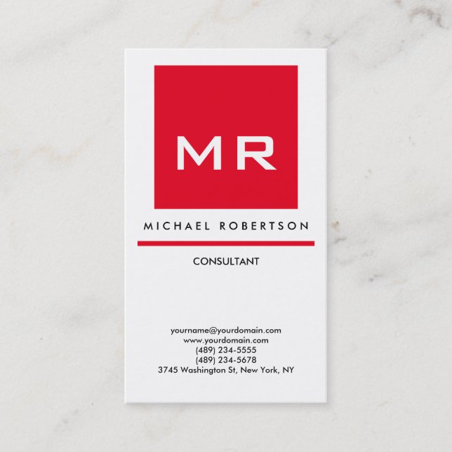 Quality Red White Monogram Elegant Unique Modern Business Card (Front)