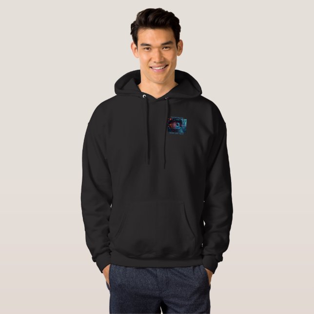 Quantum Eye tech men black hoodie pocket (Front Full)