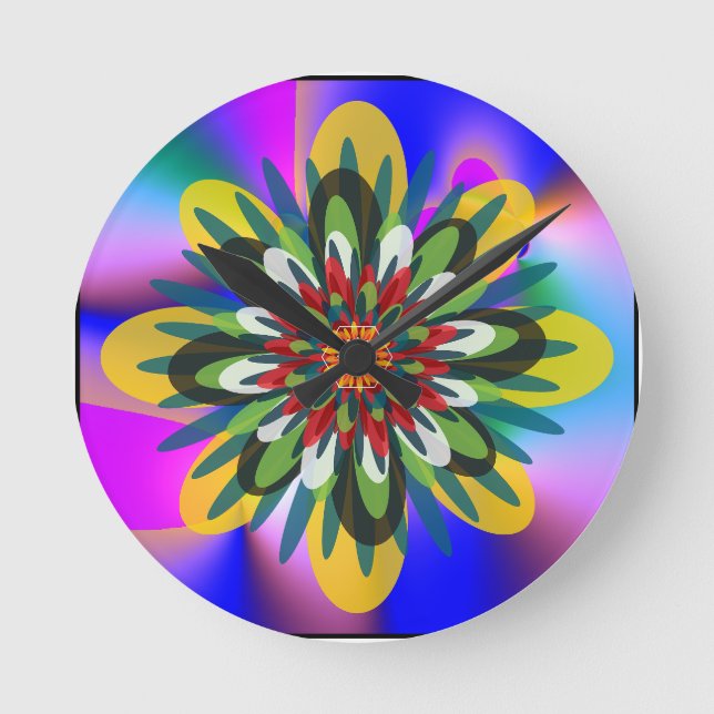 Quantum Floral colourful Retro Geometric Mandala  Round Clock (Front)