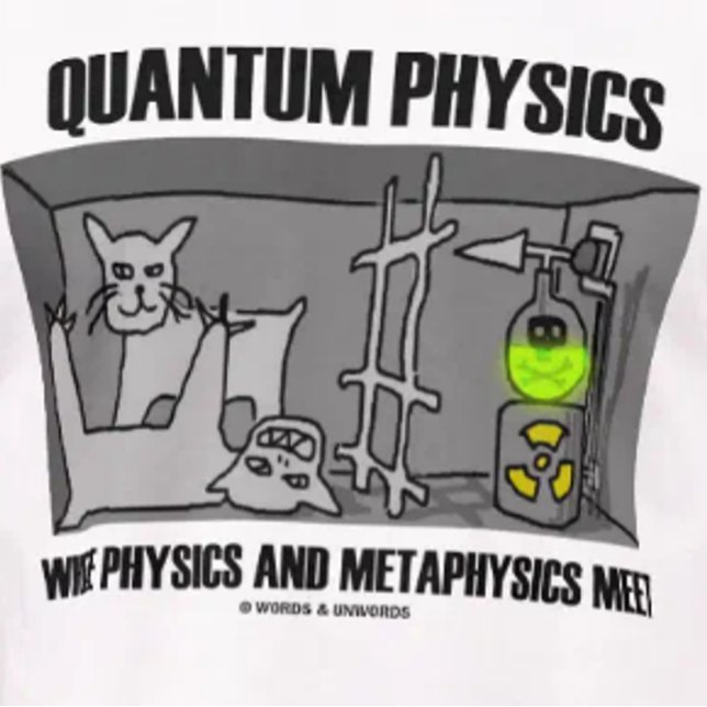 Quantum Physics Where Physics And Metaphysics Meet T-Shirt (Tee for any quantum physicist featuring Schrodinger's cat "Dead or Alive" thought experiment)