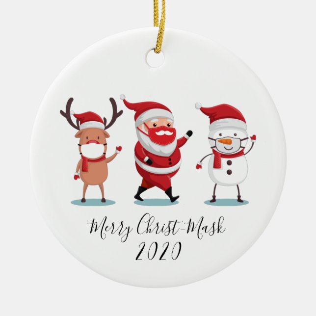 Quarantine 2020 Merry Christmask Script Ceramic Tree Decoration (Front)