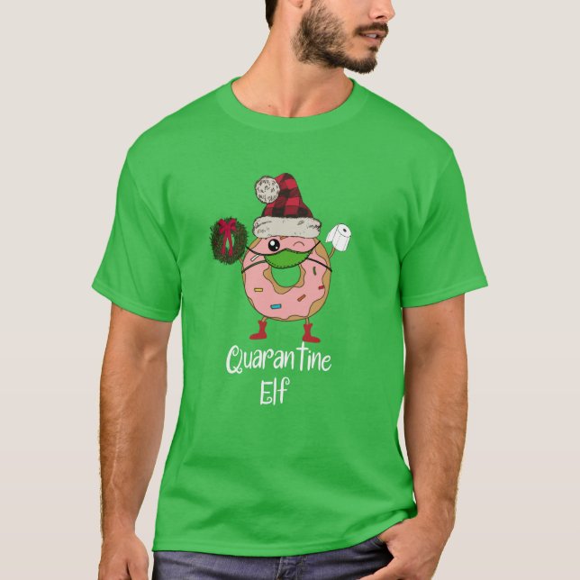 Quarantine Elf Funny Christmas Masked Donut T-Shirt (Front)
