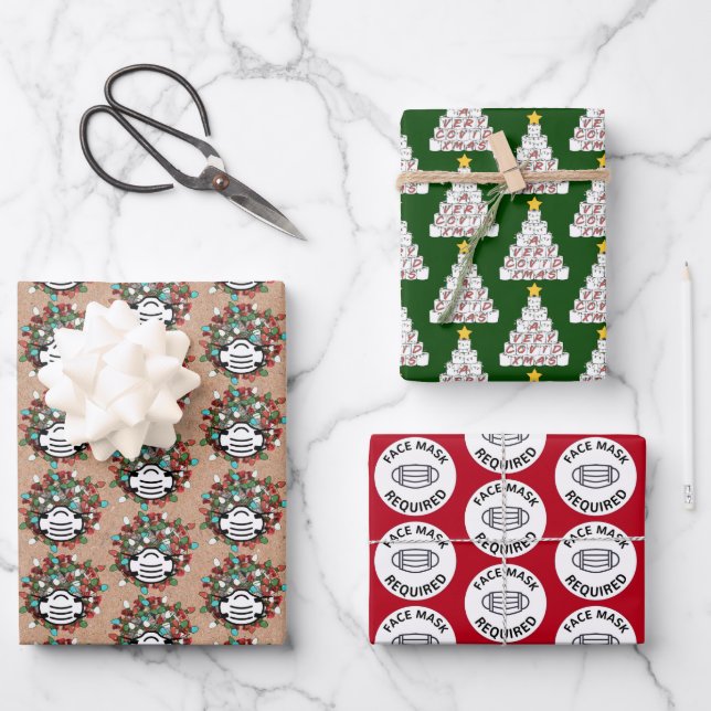 Quarantine Trio COVID Pandemic Christmas Set Gift Wrapping Paper Sheet (Front)