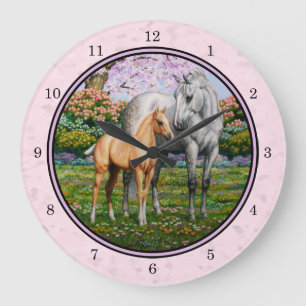 Quarter Horse Mare and Foal Pink Large Clock