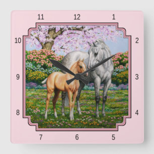 Quarter Horse Mare and Foal Pink Square Wall Clock