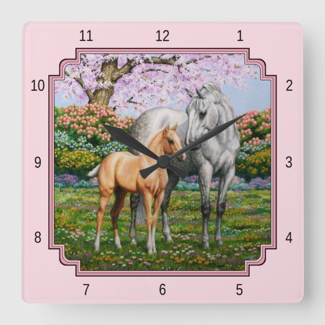 Quarter Horse Mare and Foal Pink Square Wall Clock (Front)