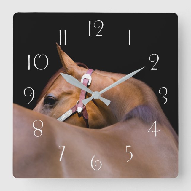 Quarter horse with black background square wall clock (Front)