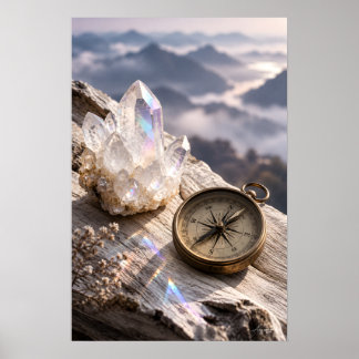 Quartz Crystal and Brass Compass Ethereal Still Li Poster