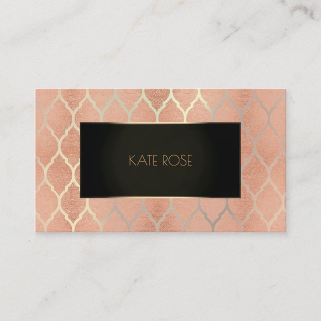 Quatrefoil Art Deco Peach Coral Gold Metalli Frame Business Card (Front)