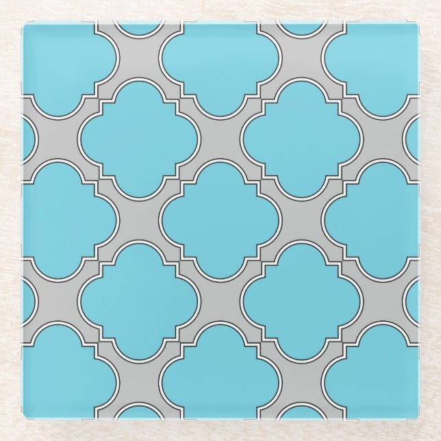 Quatrefoil blue and grey glass coaster (Front)