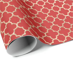 Quatrefoil Bridal Red Bright Art Deco Faux Gold Wrapping Paper