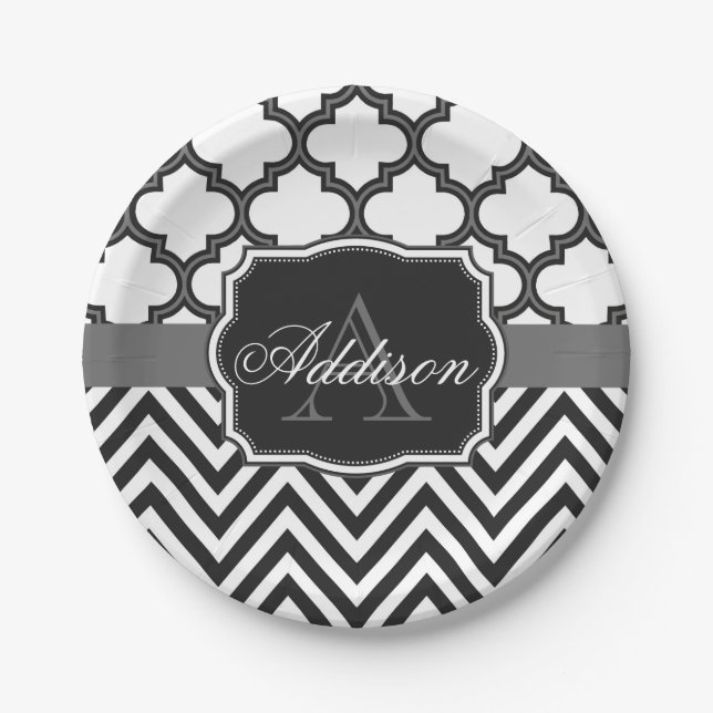 Quatrefoil Chevron Monogram Paper Plate (Front)