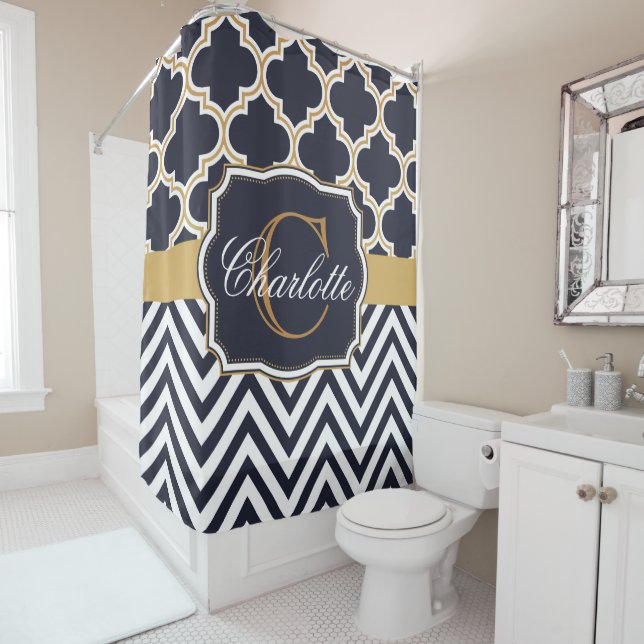 Quatrefoil Chevron Monogram Shower Curtain (In Situ)