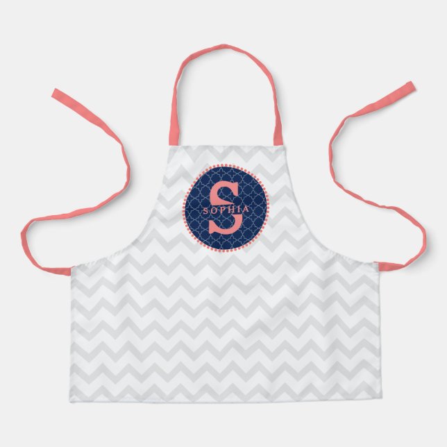 Quatrefoil Chevron Pattern Coral Monogram Apron (Front)