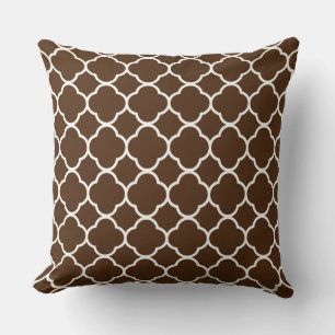 Quatrefoil Chocolate Brown White Lattice Cotton Cushion