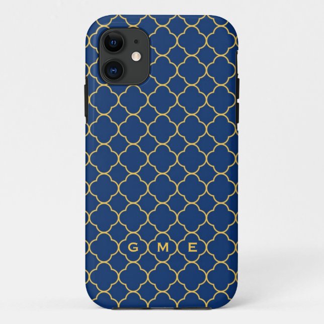 Quatrefoil clover pattern navy yellow 3 monogram Case-Mate iPhone case (Back)