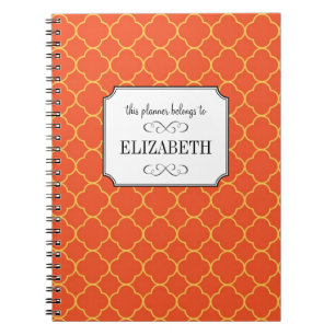 Quatrefoil clover pattern orange wedding planner notebook