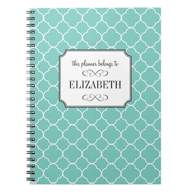Quatrefoil clover pattern teal wedding planner notebook (Front)