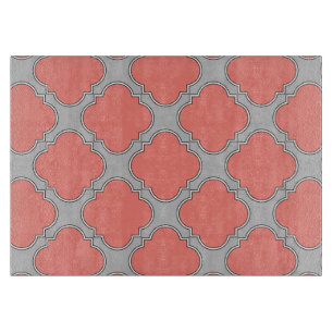 Quatrefoil coral and gray cutting board