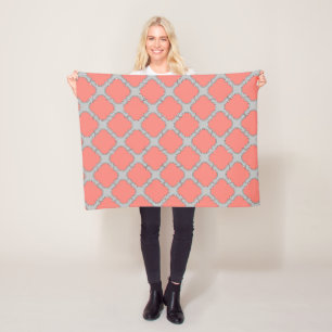 Quatrefoil coral and gray fleece blanket