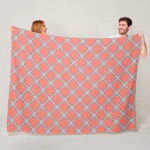 Quatrefoil coral and gray fleece blanket