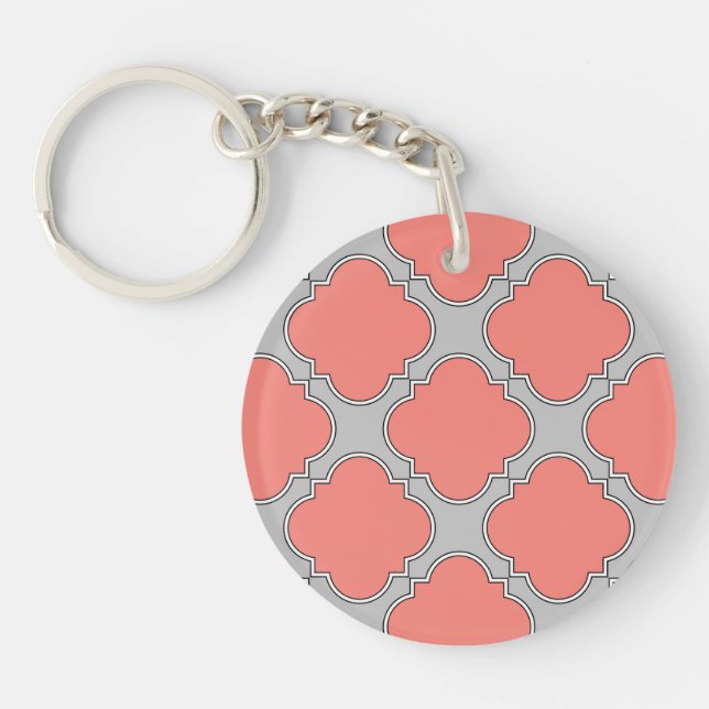 Quatrefoil coral and gray key ring (Front)