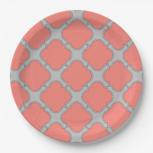 Quatrefoil coral and gray paper plate