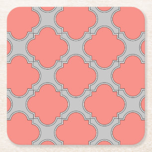 Quatrefoil coral and gray square paper coaster