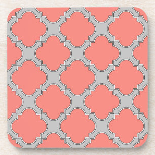 Quatrefoil coral and grey coaster