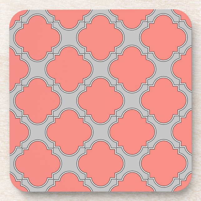 Quatrefoil coral and grey coaster (Front)
