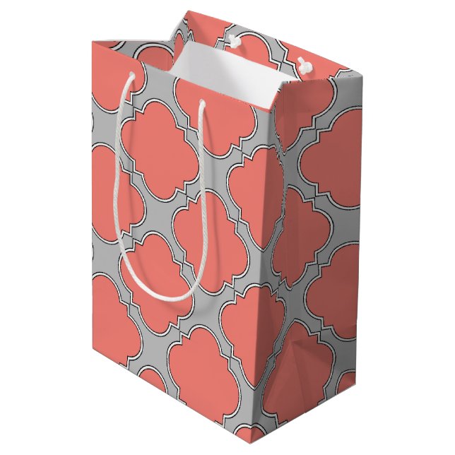 Quatrefoil coral and grey medium gift bag (Back Angled)