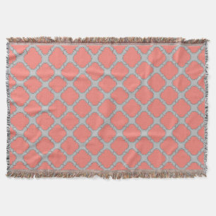 Quatrefoil coral and grey throw blanket