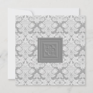 Quatrefoil Cross & Grey Damask Wedding Invitation