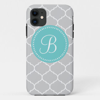 Quatrefoil Custom Monogram in Grey and Turquoise iPhone 11 Case